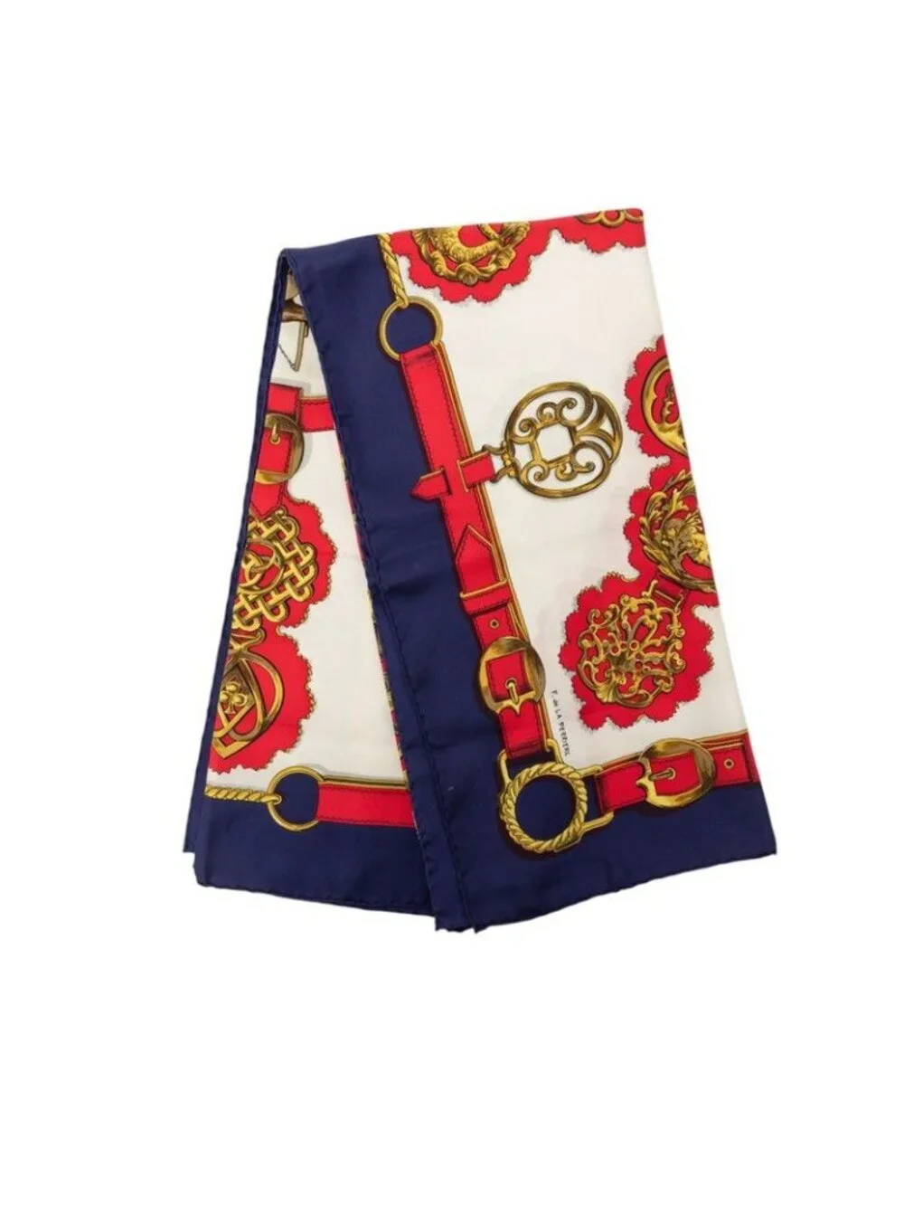 Hermes Carre 90 Cuivreries Copperwork Scarf Navy Red White Silk
